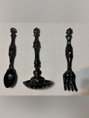 Vintage Ceramic Spoon Fork Ladle Wall Decor Black Green Drip Glaze Set Retro